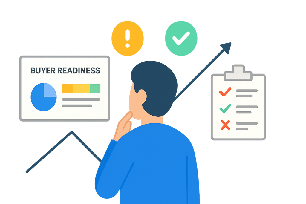 Flat illustration showing a person analyzing readiness scores and checklists, representing buyer readiness scoring in B2B tech buying