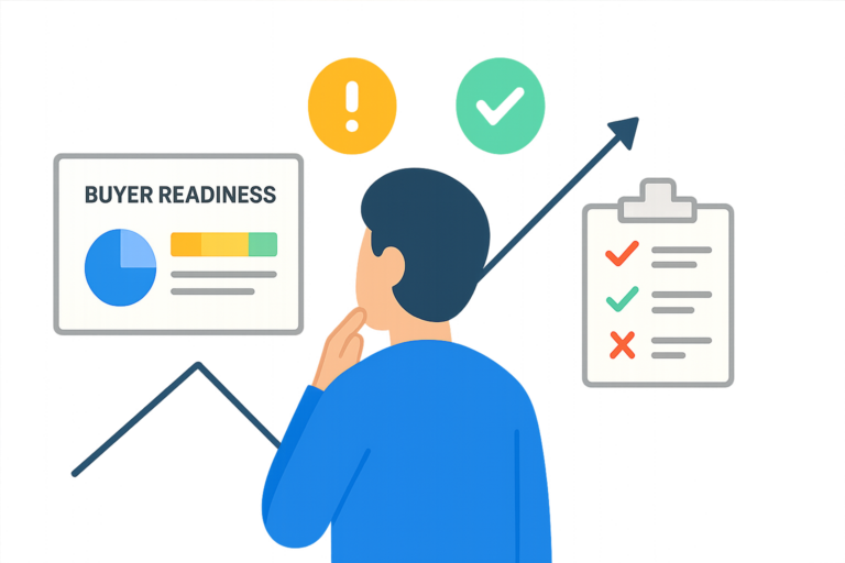 Flat illustration showing a person analyzing readiness scores and checklists, representing buyer readiness scoring in B2B tech buying